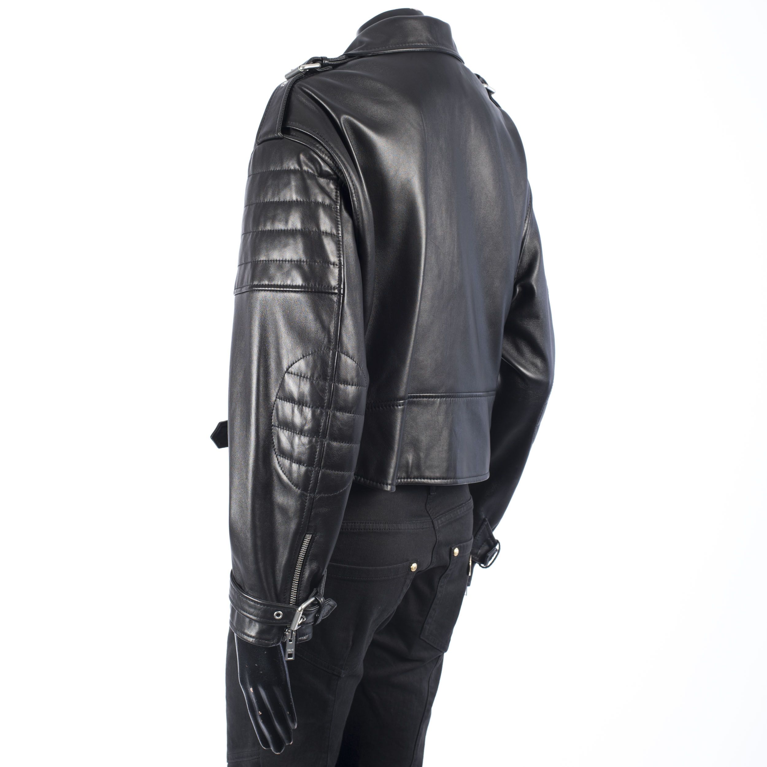 Celine Black Biker Jacket In Lambskin Leather With Padded Sleeves Size L / US 10 / IT 46 - 5 Thumbnail