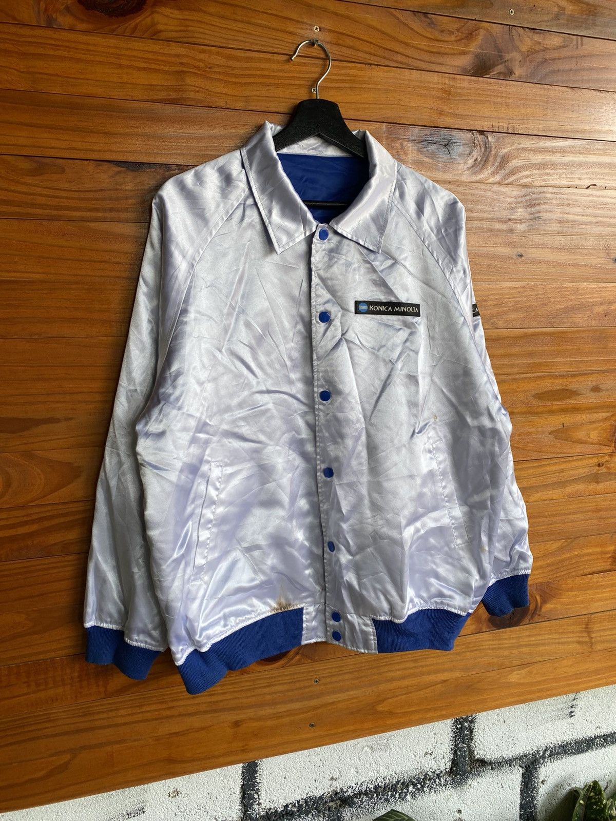 Japanese Brand Vintage Konica Minolta Satin Coach Jacket Blue White Logo Size US L / EU 52-54 / 3 - 14 Thumbnail