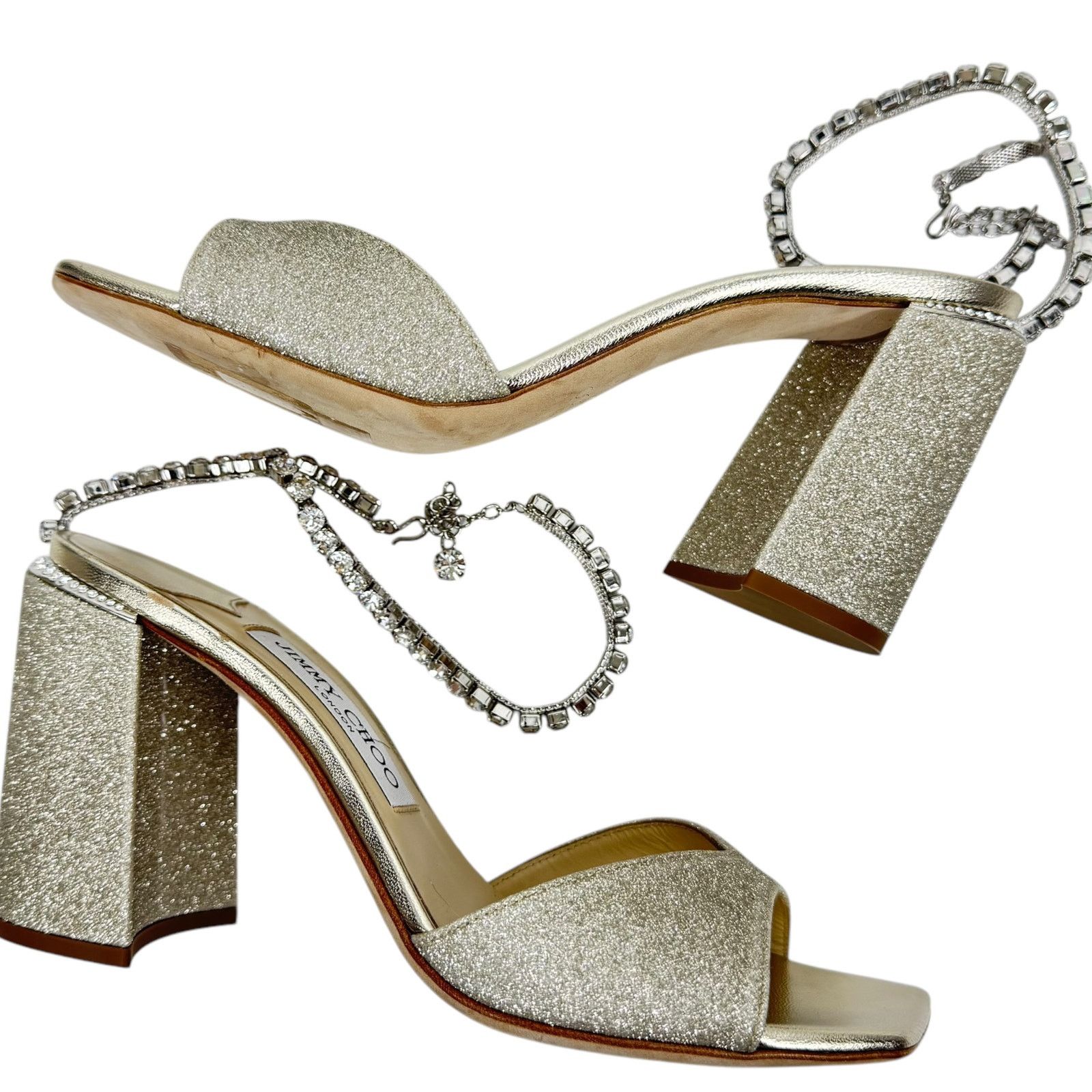 Jimmy Choo New Jimmy Choo Saeda Block Heel Glitter Crystals Sandals 38 Size US 8 / IT 38 - 10 Thumbnail