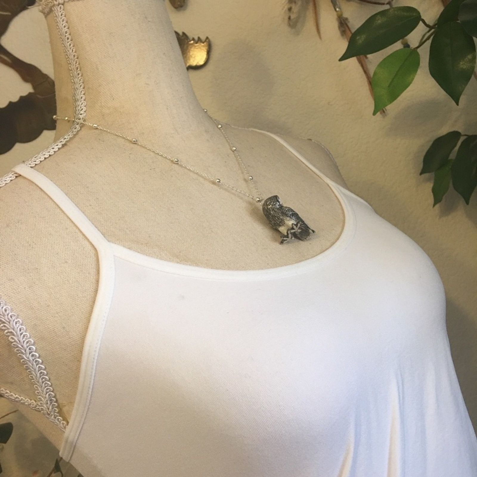 Jewelry Ceramic owl pendant silver plated chain necklace Size ONE SIZE - 2 Thumbnail