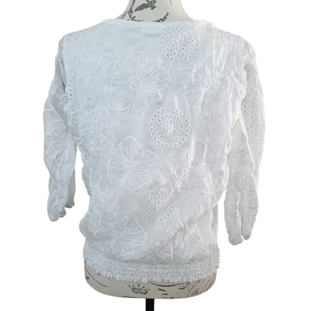 Anthropologie Kindred Women's Size Petite Large White Sheer Floral Embroid Size L / US 10 / IT 46 - 4 Thumbnail