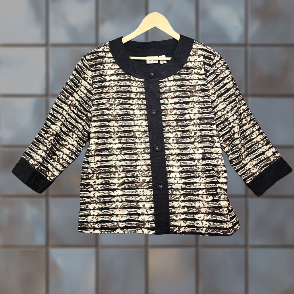 Vintage Chico's Jacket Womens XL Black Beige Textured Animal Print Button Front Size XL / US 12-14 / IT 48-50 - 1 Thumbnail