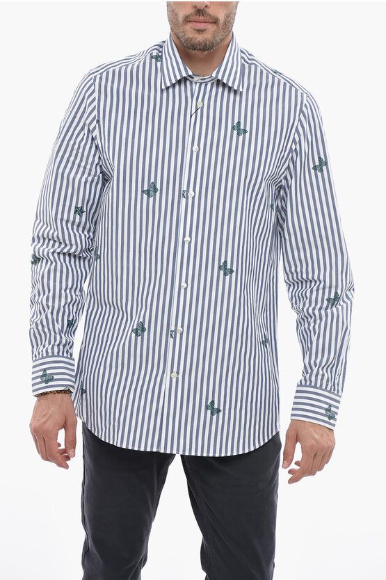 image of Etro Two-Tone Striped Shirt With Butterflies Print in Blue, Men's (Size Small)