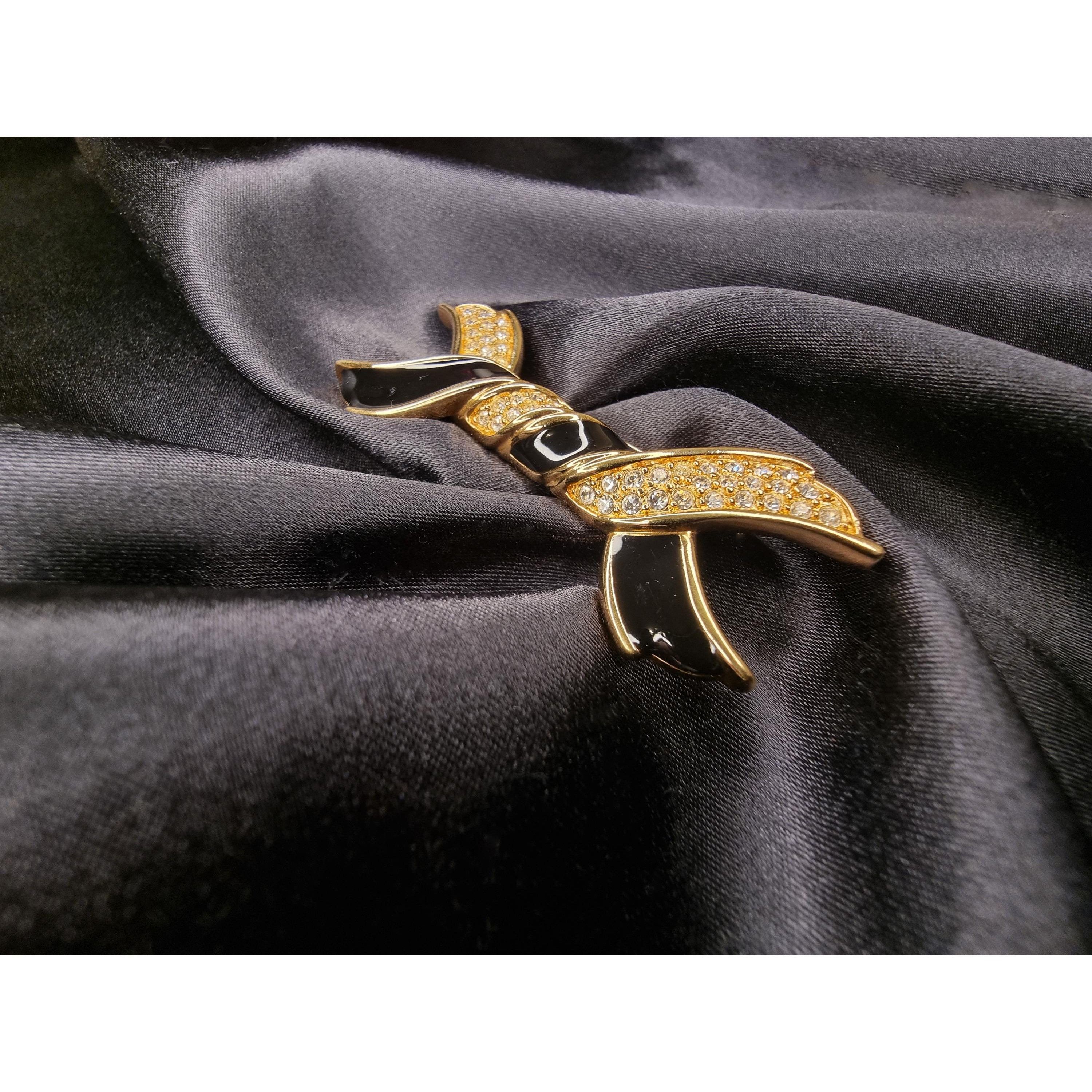Swarovski Vintage SWAROVSKI Signed Ribbon Gold and Black Crystals Broo Size ONE SIZE - 3 Thumbnail