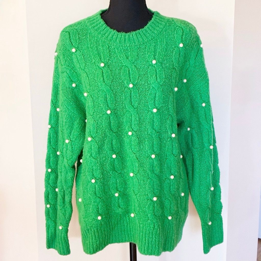 Other Skies are Blue Green Cable Knit Pearl Embellished Sweater XS Size XS / US 0-2 / IT 36-38 - 6 Thumbnail
