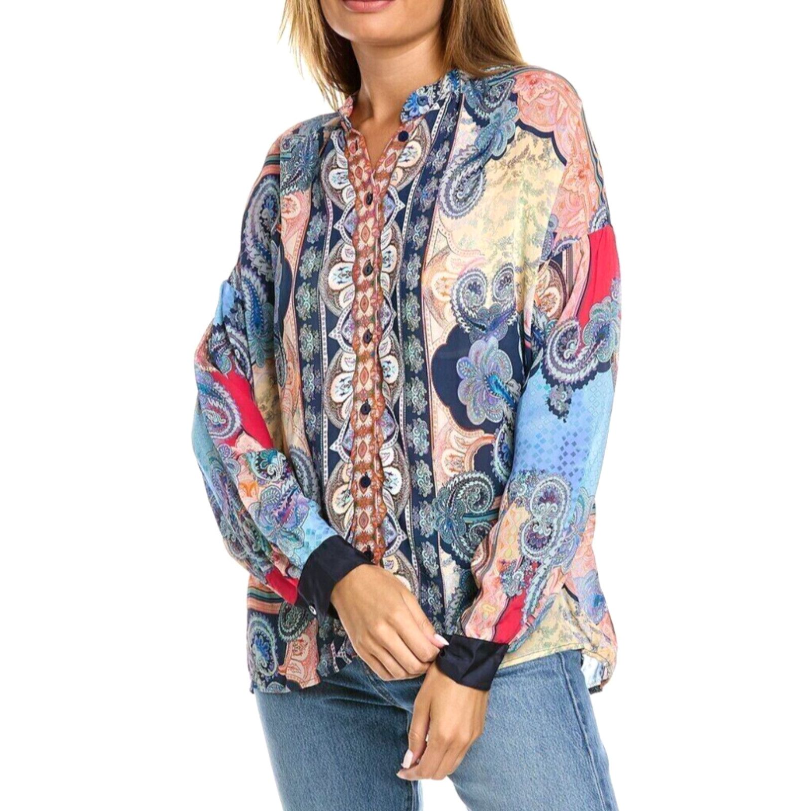 image of Johnny Was Top Womens S Onda Button Down Paisley Boho Cuffed Crepe Jersey Blue in White (Size Small