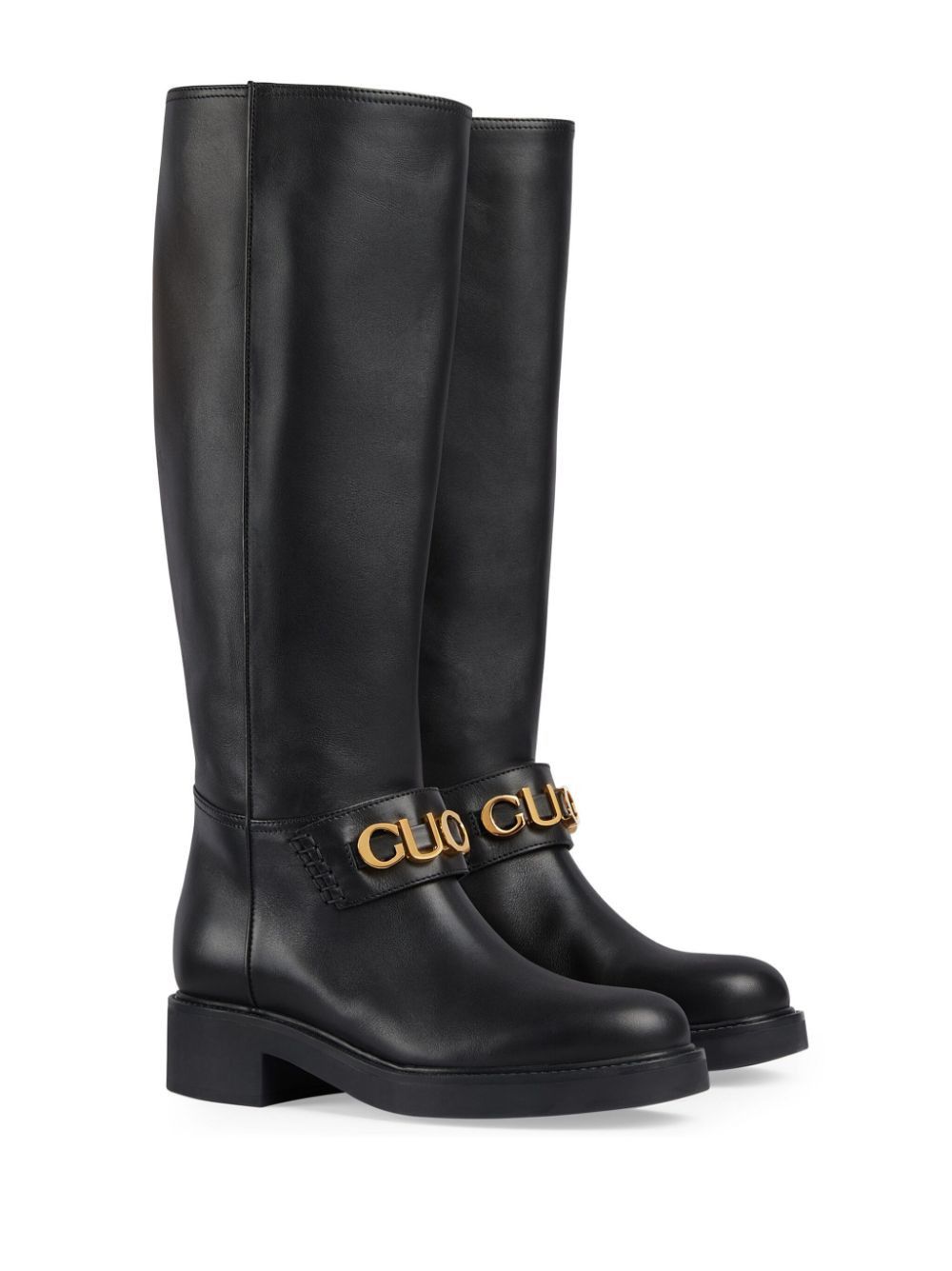Metal Logo Leather Knee High Boots