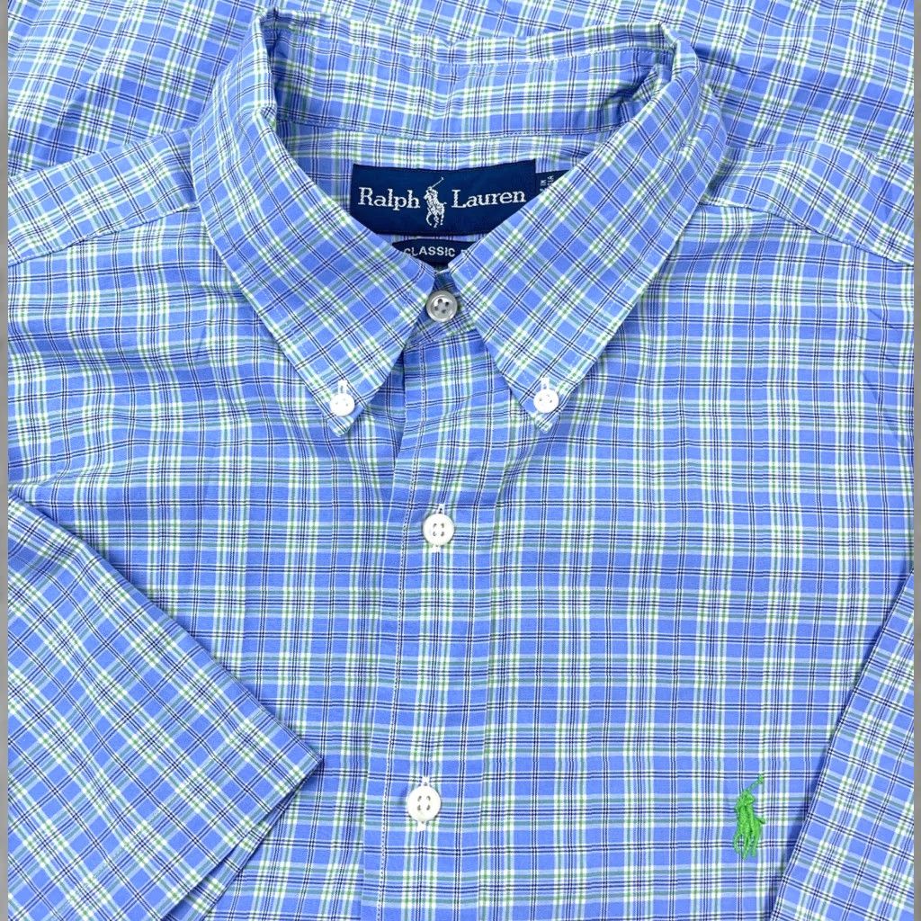 Ralph Lauren Ralph Lauren Classic Fit Button-Up Shirt Men Large Blue Green Plaid Cotton Short Sleeve Size US L / EU 52-54 / 3 - 1 Thumbnail