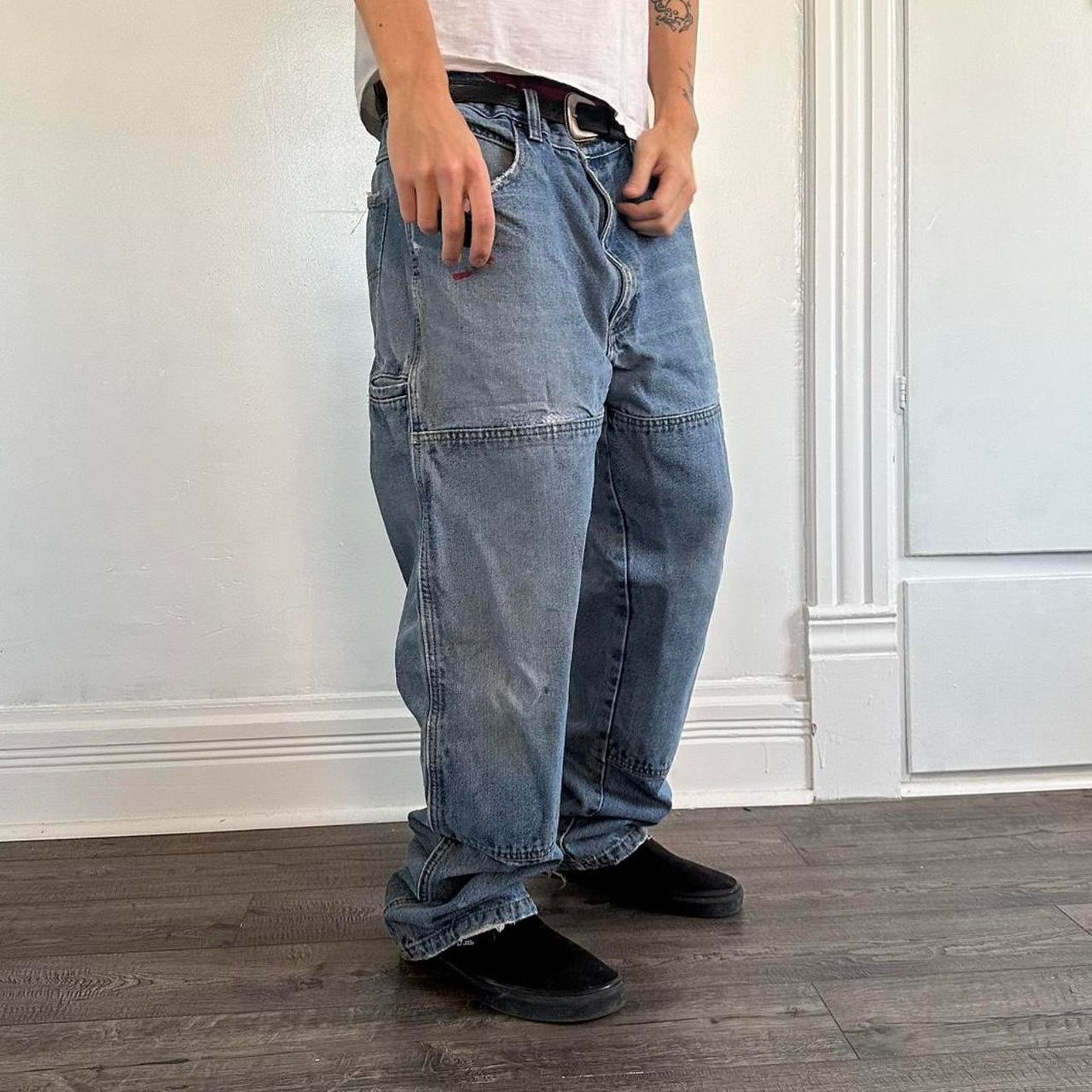 Vintage Vintage Thrashed Blue Denim Double Knee Baggy Work Jeans Size US 34 / EU 50 - 7 Thumbnail