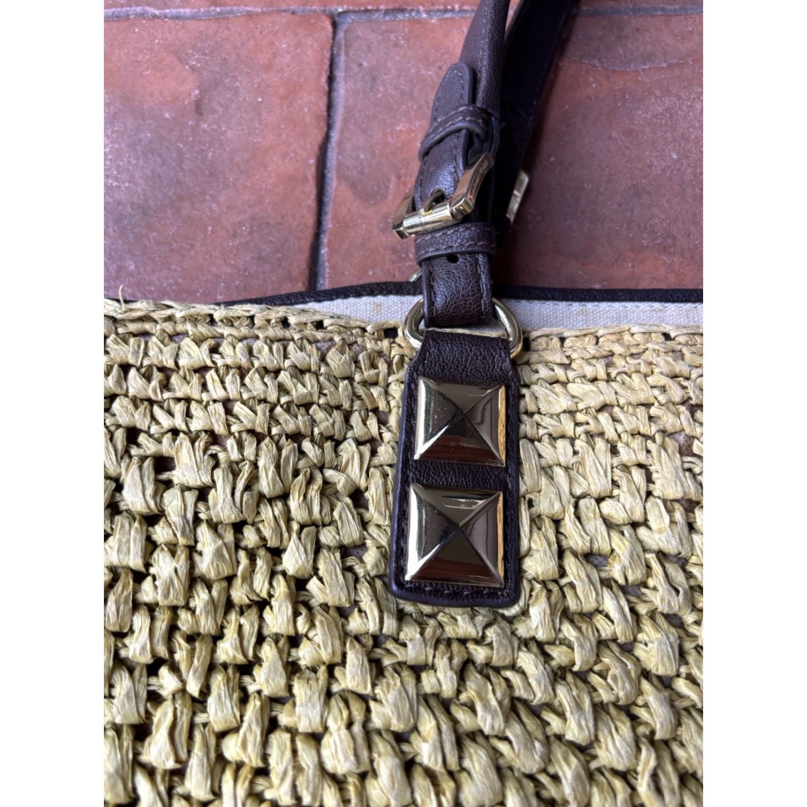 Michael Kors Michael Kors Woven Tote Bag Leather Trim Walnut Brown Beige Straw | Large | Women | Gold Hardware | Pouch Charm | Leather Lining Size ONE SIZE - 5 Thumbnail