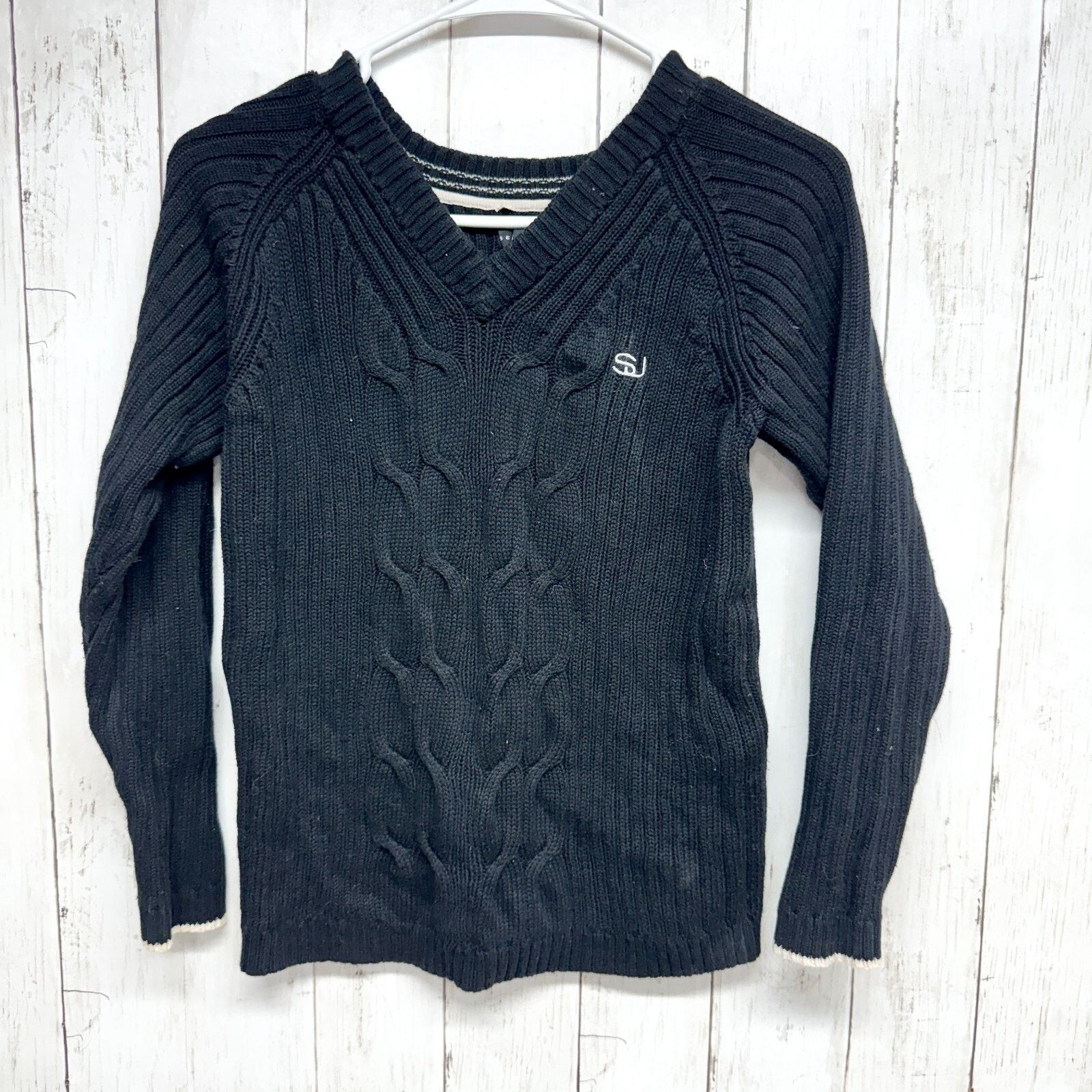 Sean John Sean John Top Sz S(8) V-neck Cable Knit Sweater Cotton Black Size S / US 4 / IT 40 - 1 Thumbnail