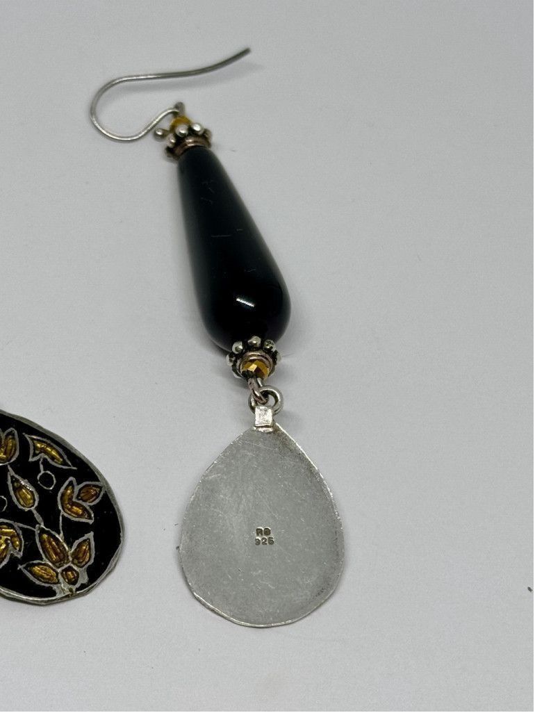 The Unbranded Brand Navajo Designer Large Onyx Sterling Beaded Drop Earrings 3" Size ONE SIZE - 3 Thumbnail