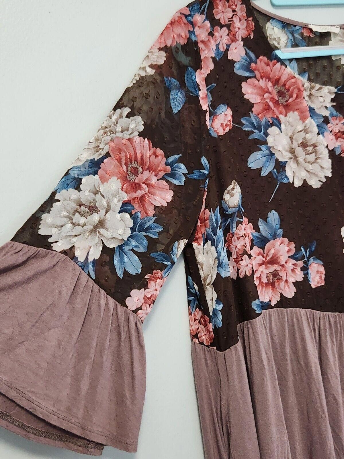 Designer Oddy Dress XL Brown Floral Bell Sleeve Semi Sheer Fall Size XL / US 12-14 / IT 48-50 - 4 Thumbnail