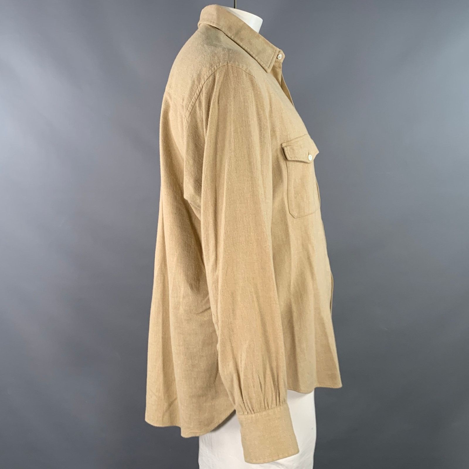 Turnbull & Asser Size XL Beige Herringbone Cotton 2 Pockets Long Sleeve Shirt Size US XL / EU 56 / 4 - 3 Thumbnail