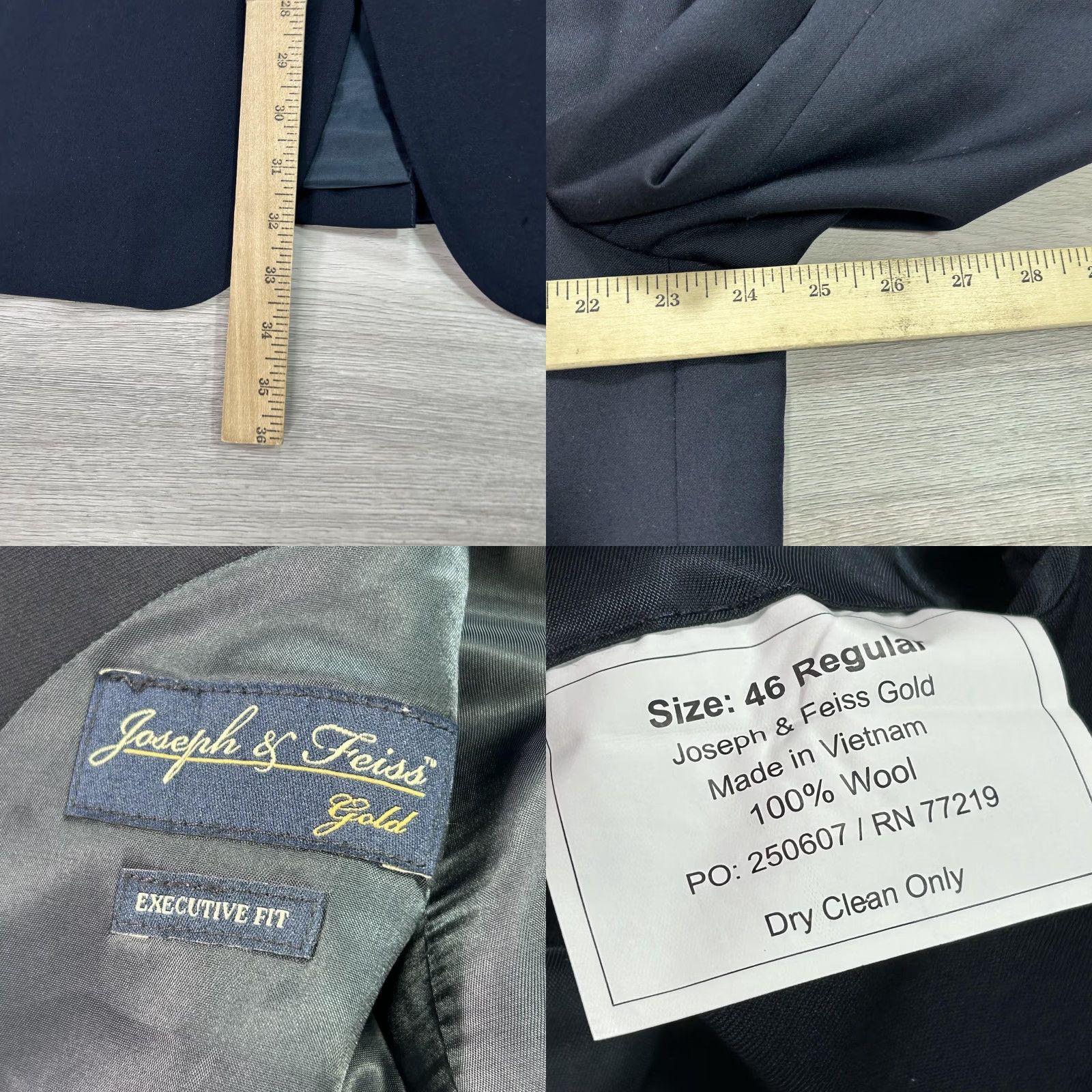 Joseph Joseph & Feiss Gold Navy Wool Executive Fit Sport Coat Blazer Mens 46R Solid Notch Lapel Two-Button Jacket Coat Size 46R - 8 Thumbnail