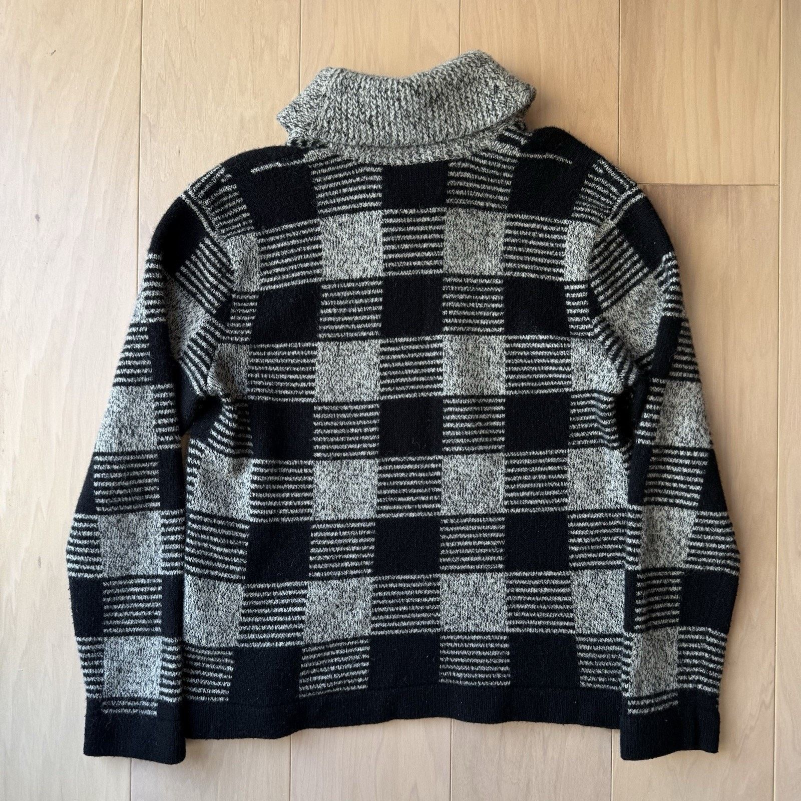 RRL Ralph Lauren RRL Wool Sweater Large Gray Black Check Knit Shawl Collar Size US L / EU 52-54 / 3 - 8 Thumbnail