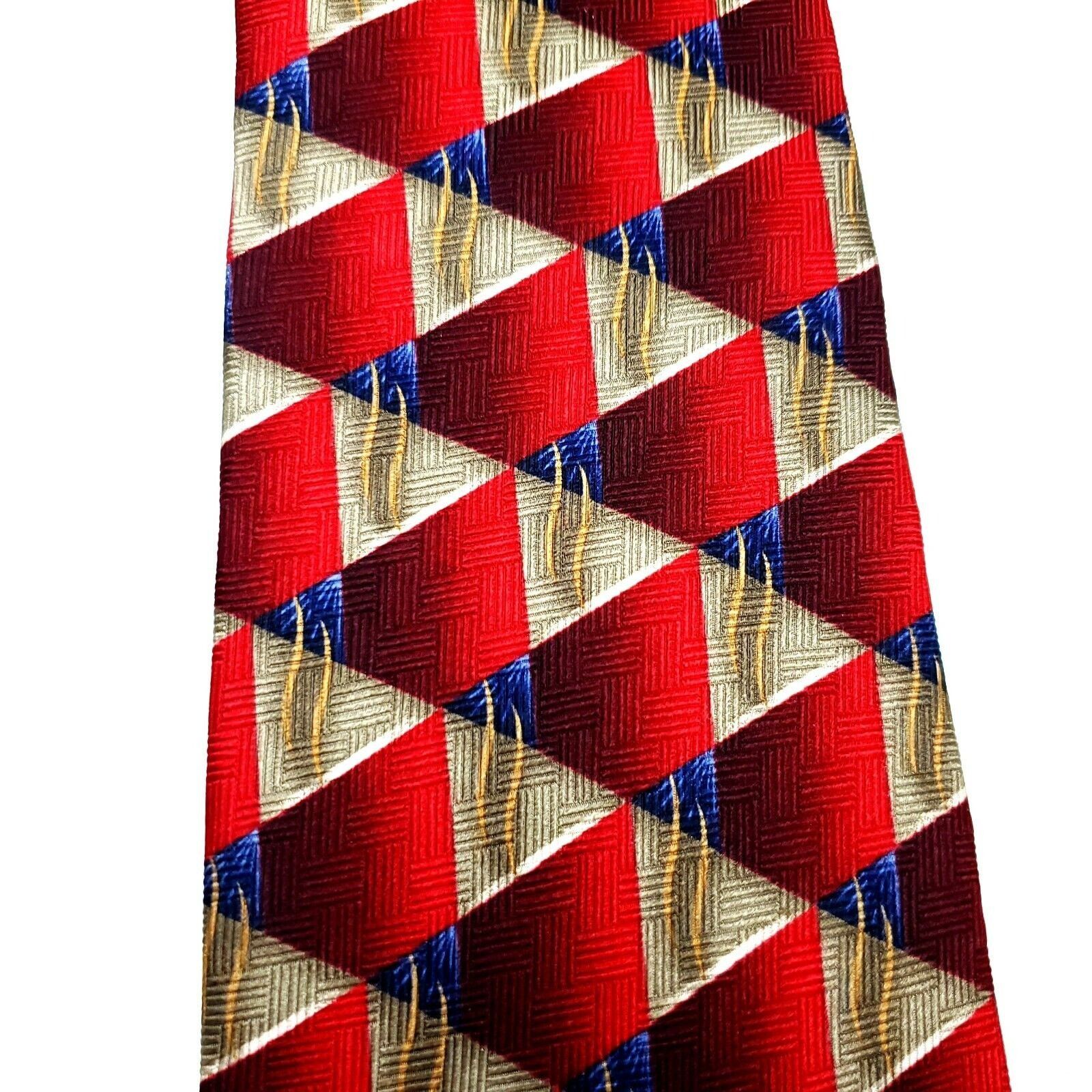Designer JZ Richards Silk Tie Print Red Geometric Wide Hand Made Size ONE SIZE - 2 Thumbnail