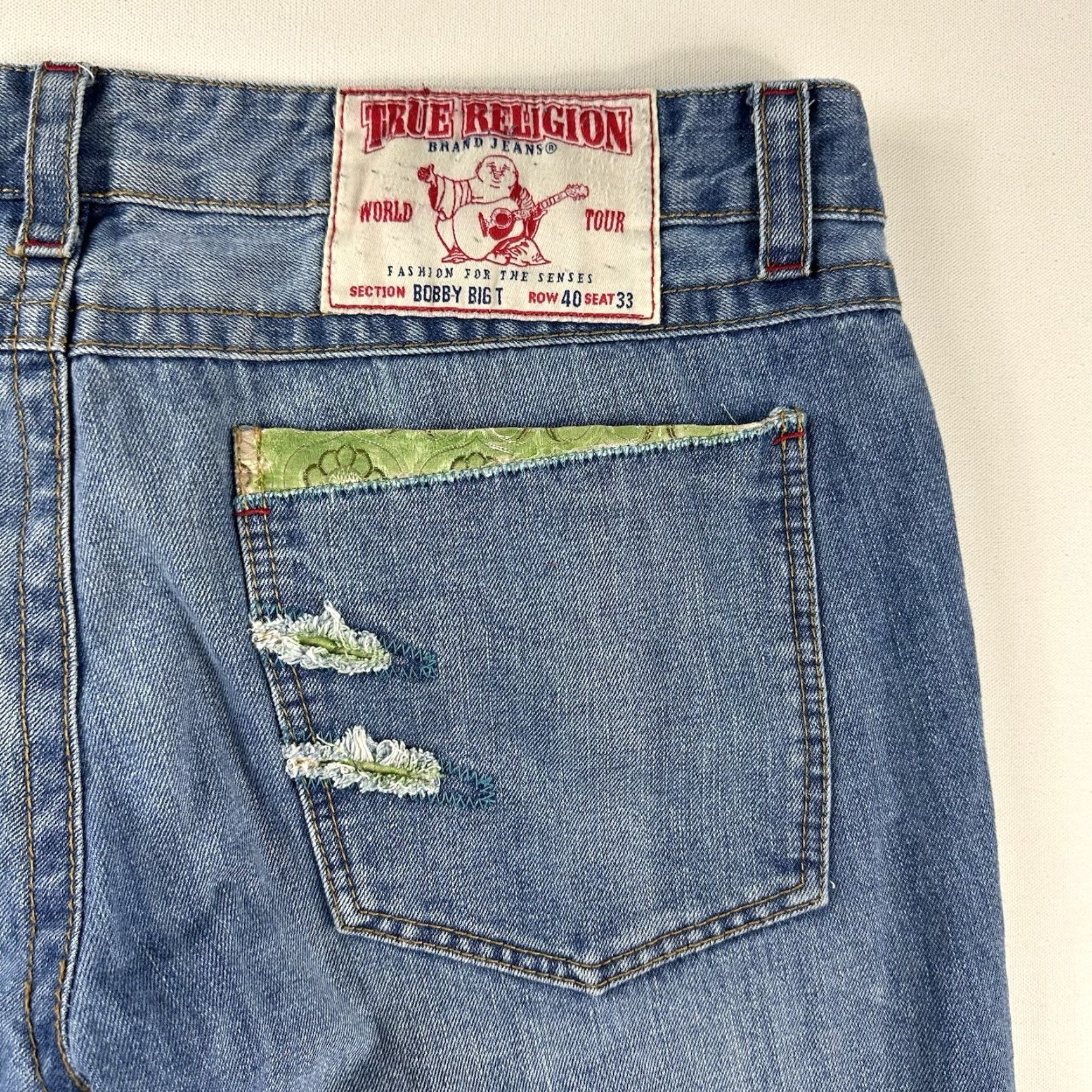 True Religion Jeans Distressed Baggy Straight 40x33 Mens Blue Hip Hop 5-Pocket Denim Y2K World Tour Bobby Big T