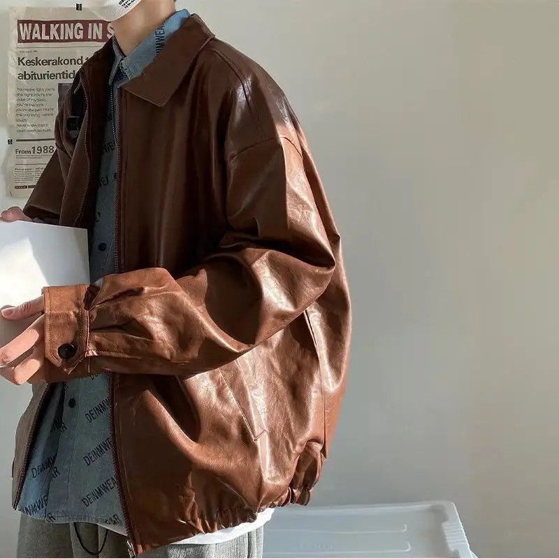 Vintage Motorcycle PU leather retro loose bomber jacket zipper y2k Size US L / EU 52-54 / 3 - 2 Thumbnail