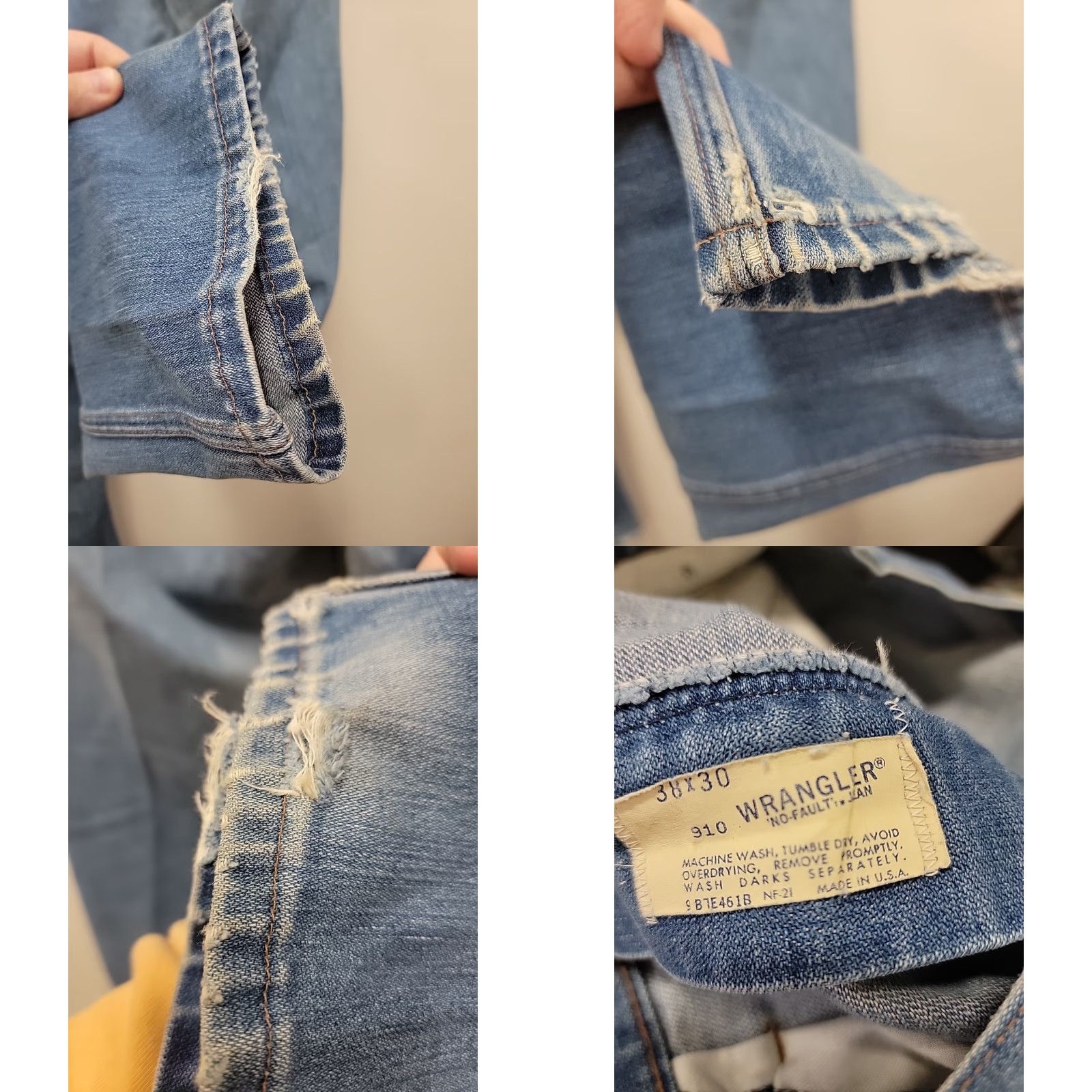 Wrangler VINTAGE Wrangler USA Made Jeans 910 38x30 Denim Blue Regular 5-Pocket Distressed Holes Motorcycle Cowboy USA Men Shorts Size US 38 / EU 54 - 9 Thumbnail