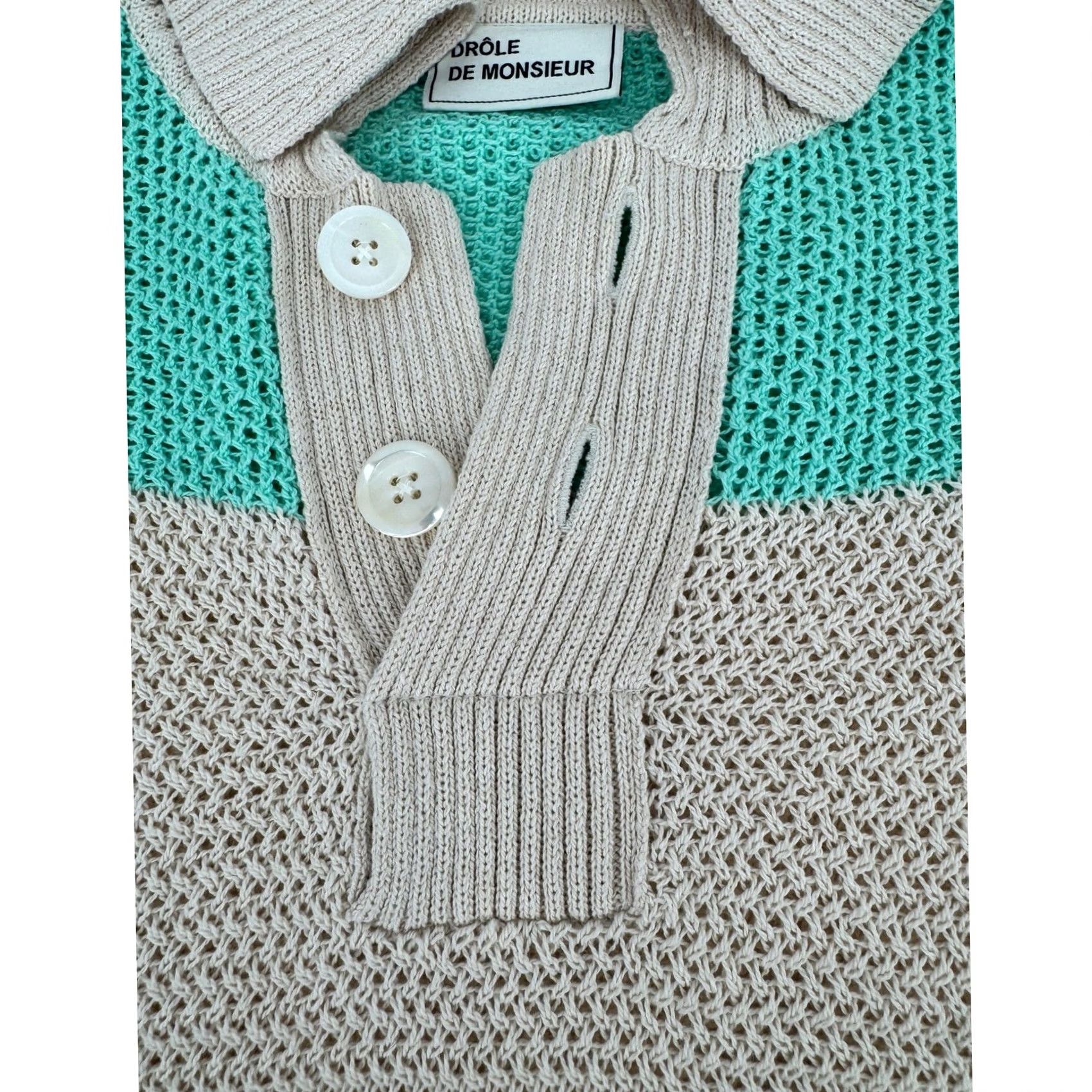 Drole De Monsieur Polo Shirt Men S Mint Beige Striped Knit Mesh Short Sleeve Resort, Men's — image 4 of 6