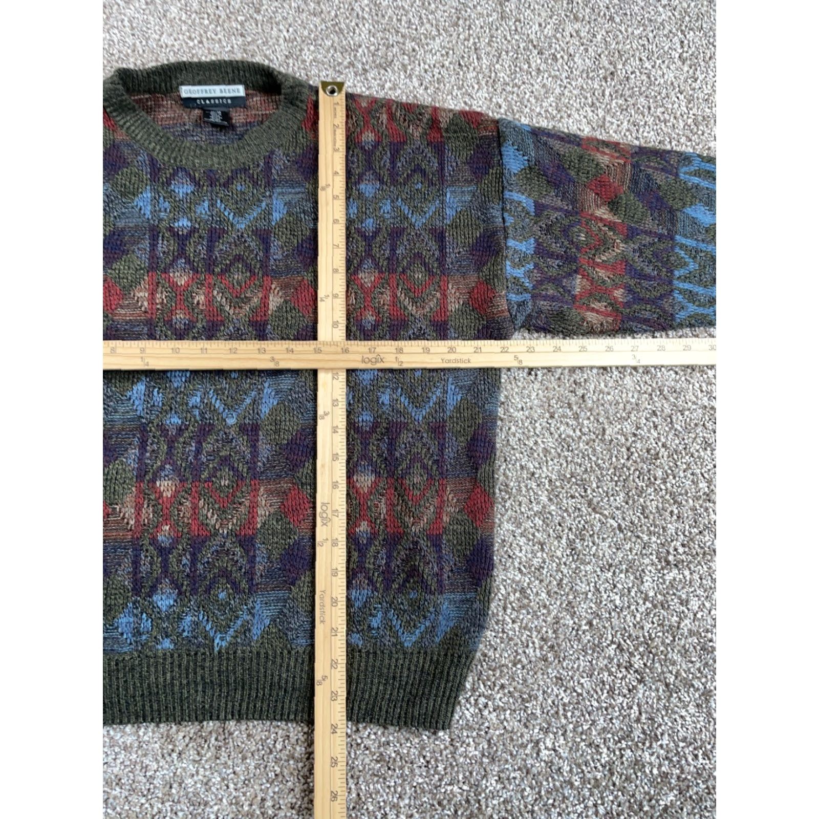 Geoffrey Beene VINTAGE Geoffrey Beene Sweater Geometric Lightweight Knit Adult M Green Long Sleeve Crew Neck Pullover 90s Dad Style Mens Size US M / EU 48-50 / 2 - 5 Thumbnail