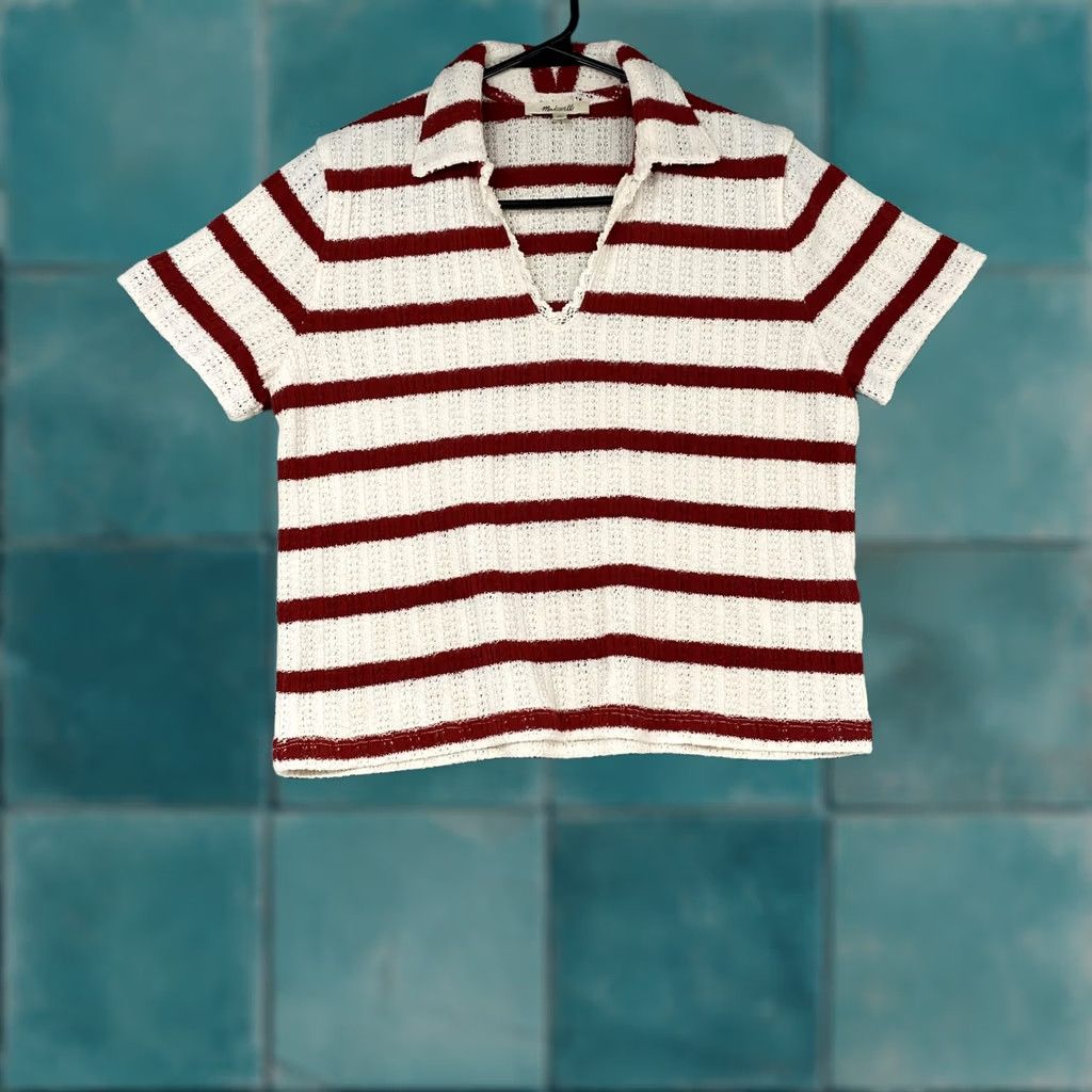 Madewell Madewell Polo Shirt Womens Small White Striped Open Knit Short Sleeve Knit Lightweight Casual Polo Size S / US 4 / IT 40 - 1 Thumbnail
