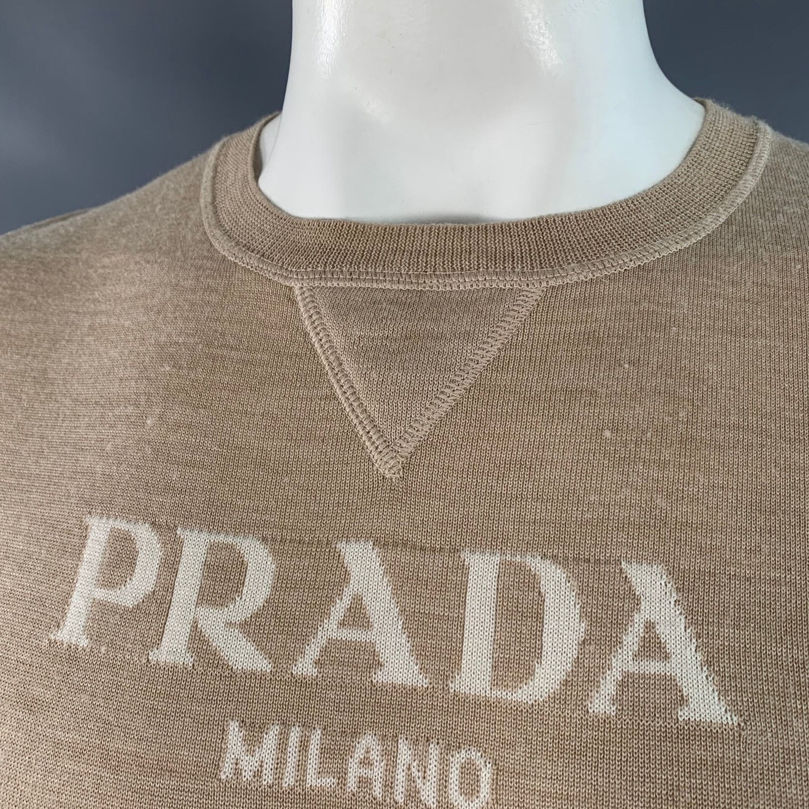 Prada Size L Beige Cream Logo Cashmere Wool Jersey Short Sleeve Size US L / EU 52-54 / 3 - 5 Thumbnail