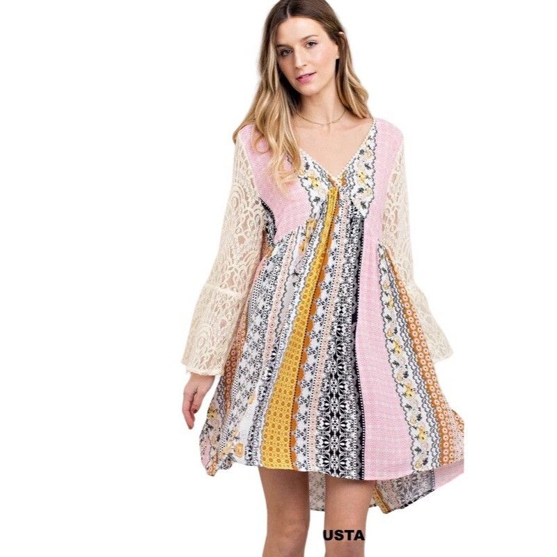 Other Mixed Print Lace Bell Sleeve Mini Dress | Boho Coastal Cowgi Size S / US 4 / IT 40 - 10 Thumbnail