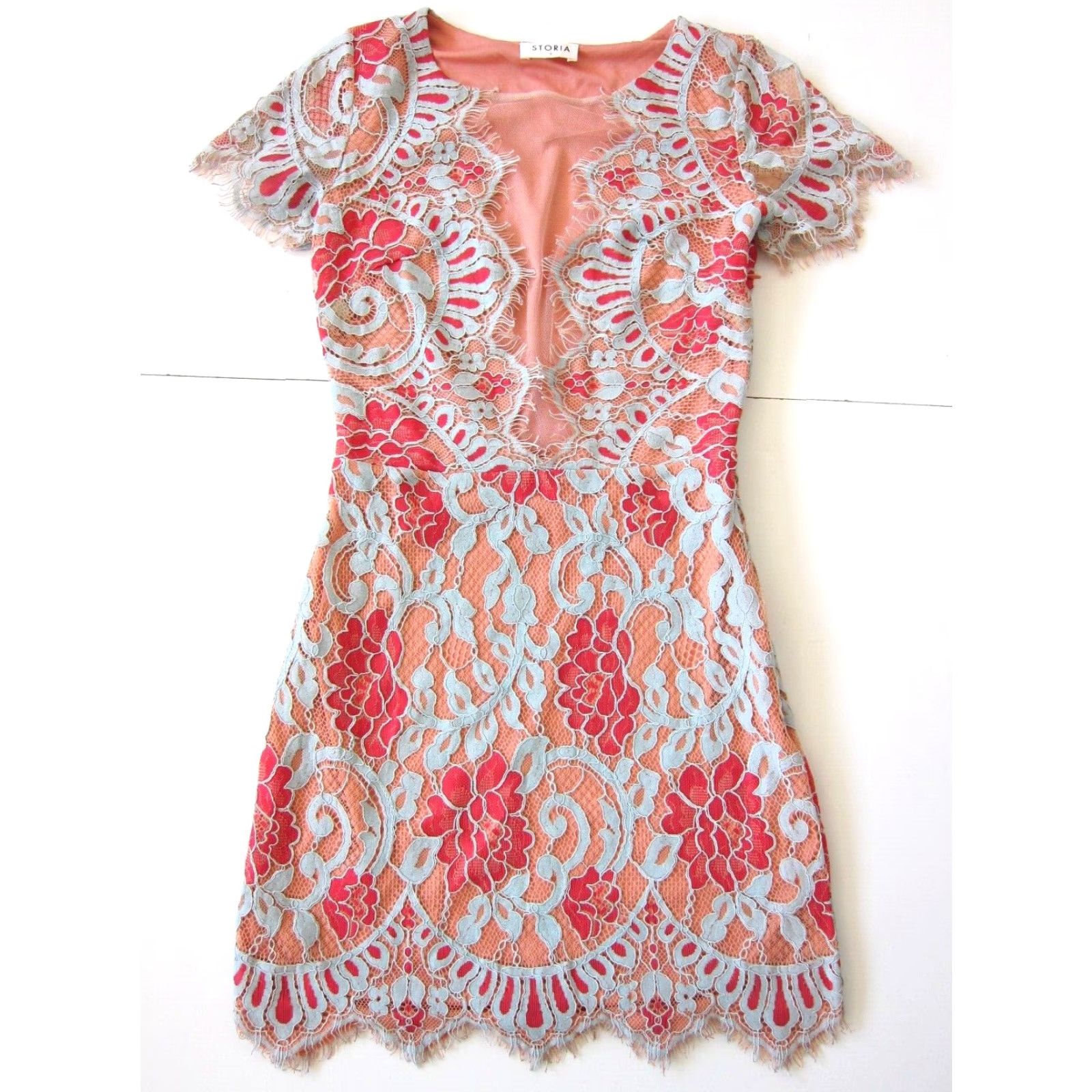 Pinko Storia Dress Cap Sleeve Pink Blue Lace Floral Embroidered Sheath Small Empire Size S / US 4 / IT 40 - 2 Thumbnail