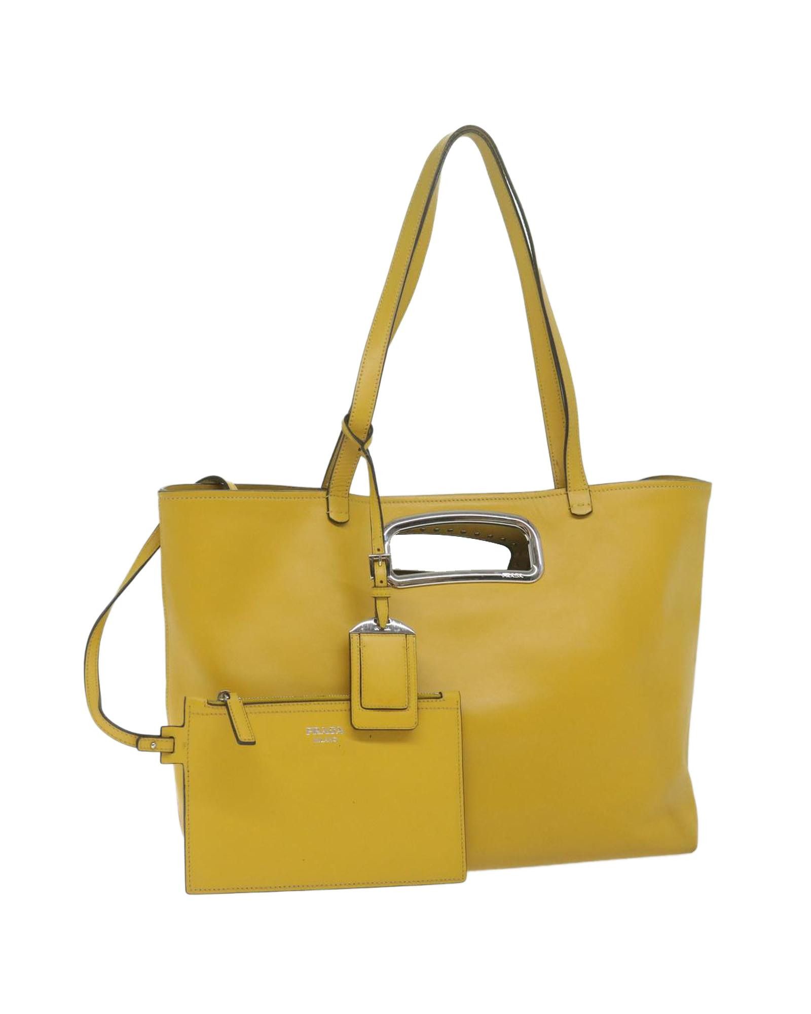 image of Prada Yellow Leather Tote Bag With Name Tag And Pouch, Women's
