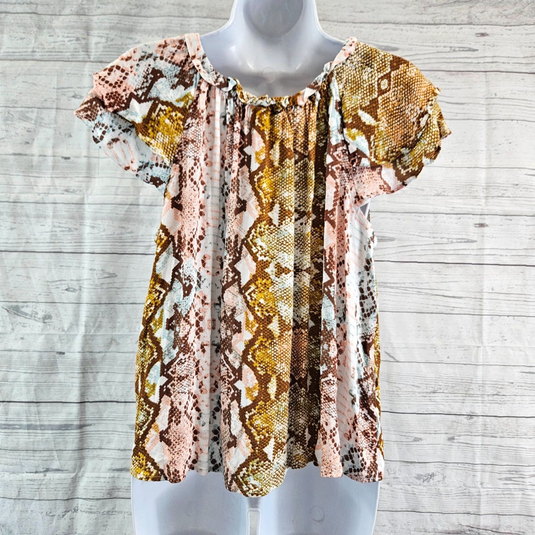 Wrangler Wrangler Retro Womens Blouse Shirt Pink Brown Snakeskin Print Short Sleeve Size M Medium Size M / US 6-8 / IT 42-44 - 4 Thumbnail