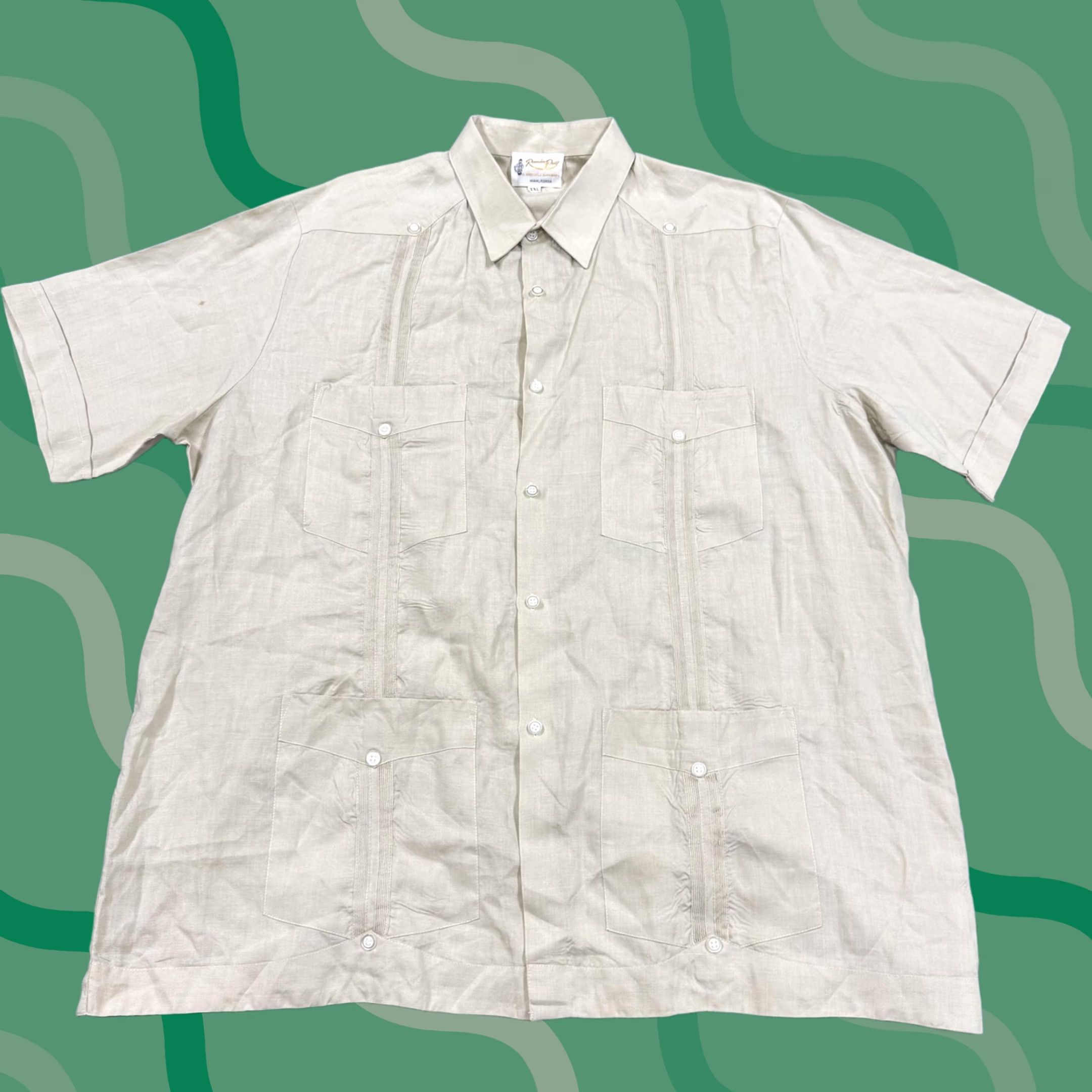 Vintage Ramon Puig Shirt Mens 2XL Beige Linen Button Short Sleeve Guayabera Cuban Tropical Solid Pleated Pocket Relaxed Collar Button-Up 2XL Mens Size US XXL / EU 58 / 5 - 1 Thumbnail