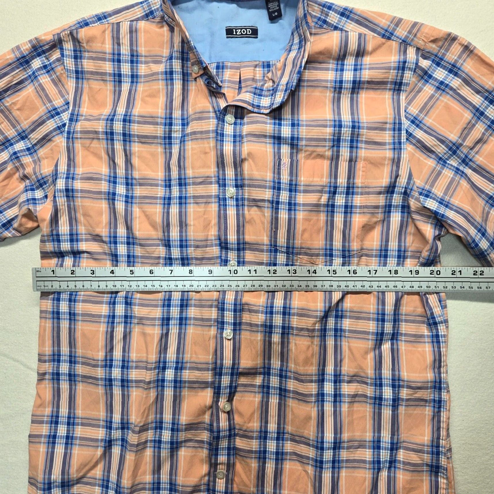 Izod VINTAGE IZOD Men's Short Sleeve Button-Up Shirt Plaid Blue Orange 100% Cotton Casual L Size US L / EU 52-54 / 3 - 4 Thumbnail