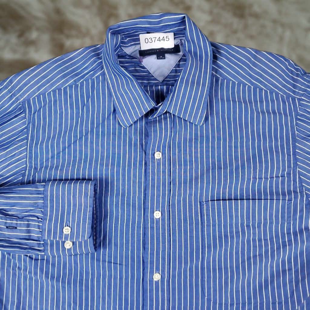 Tommy Hilfiger VINTAGE Tommy Hilfiger Dress Shirt Men 16 Blue White Stripe Long Sleeve Button-Up Casual Formal 100% Cotton Mens Regular fit Size 42R - 1 Thumbnail