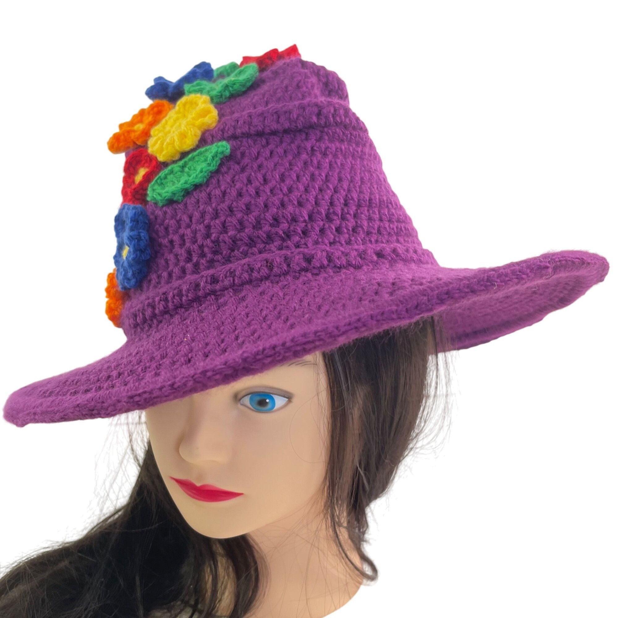 Handmade Crochet Witch Wizard Hat Purple w/ Red Orange Yellow Green B Size ONE SIZE - 1 Thumbnail