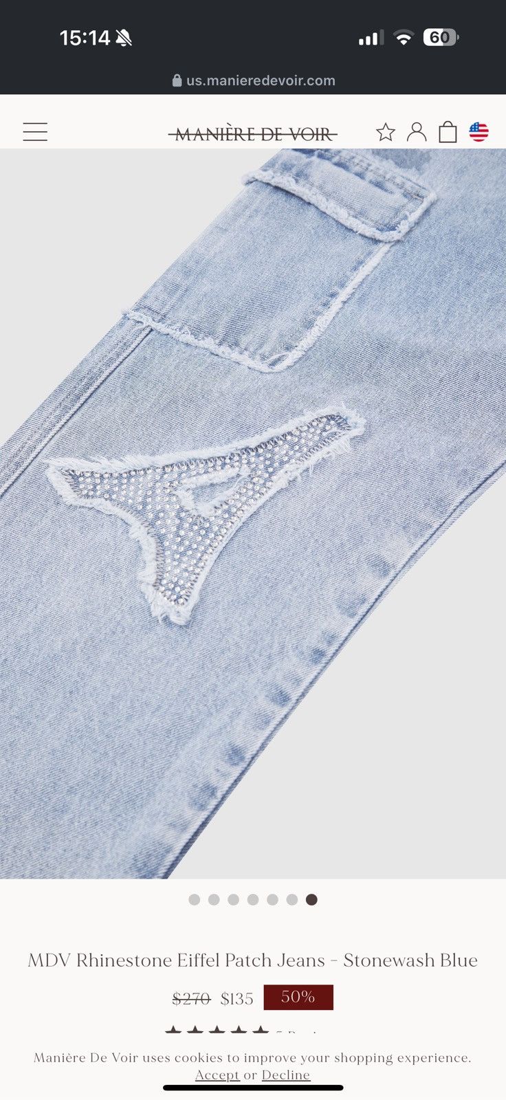 Maniere De Vior MDV Rhinestone Eiffel Patch Jeans - Stonewash Blue Size US 36 / EU 52 - 5 Thumbnail