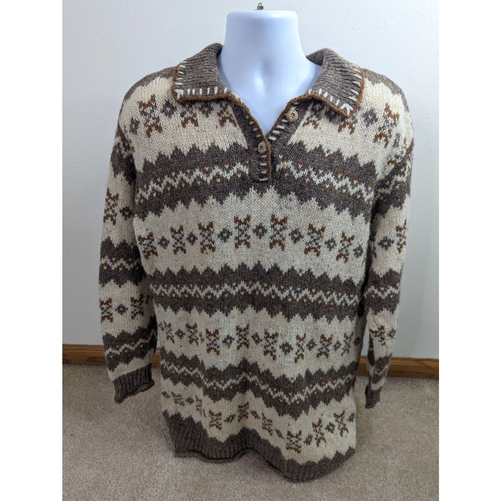 Vintage VINTAGE St. Johns Bay Sweater Mens Large Beige Fair Isle Knit Grandpa S3M 90s Pullover Striped Knit Shirt? Size US L / EU 52-54 / 3 - 2 Thumbnail