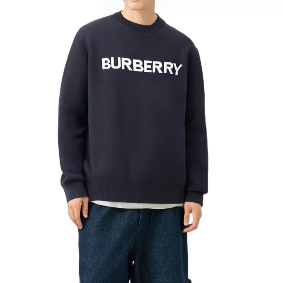 Burberry Burberry Navy Blue Wool Blend Jacquard Logo M Knit Sweater Size US M / EU 48-50 / 2 - 6 Thumbnail
