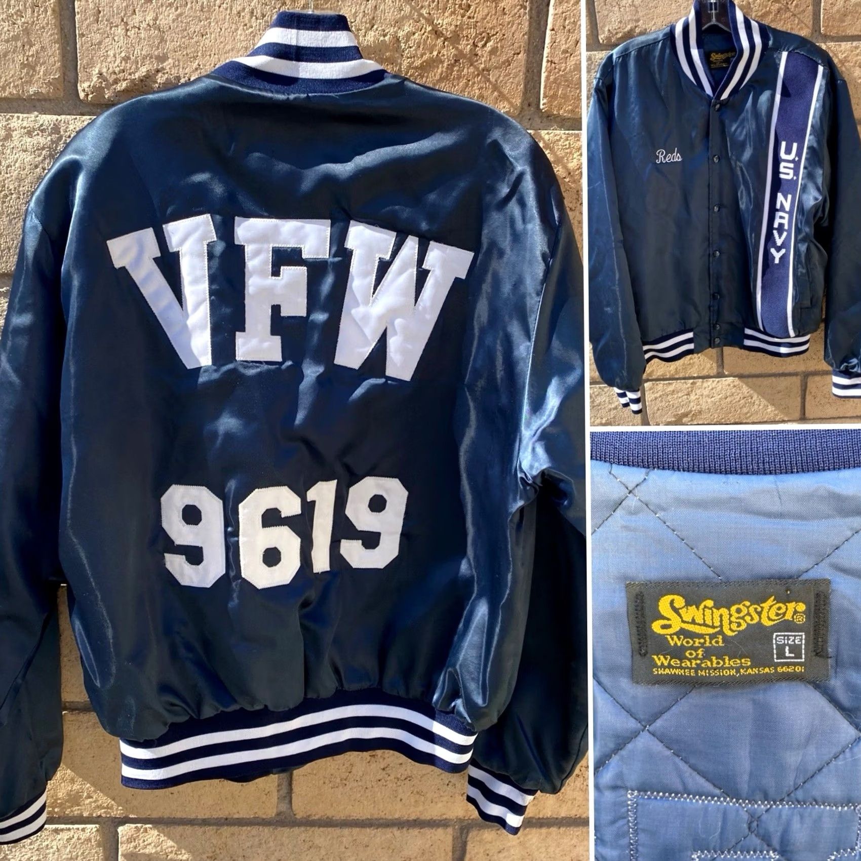 Vintage VINTAGE Swingster Jacket Mens L Red Satin Varsity Embroidered US Navy Reds VFW 9619 Snap Front Knit Ribbed Accent Size US L / EU 52-54 / 3 - 2 Thumbnail