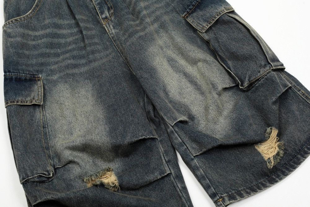 Vintage Punk distressed men's loose ripped workwear denim shorts Size US 32 / EU 48 - 4 Thumbnail