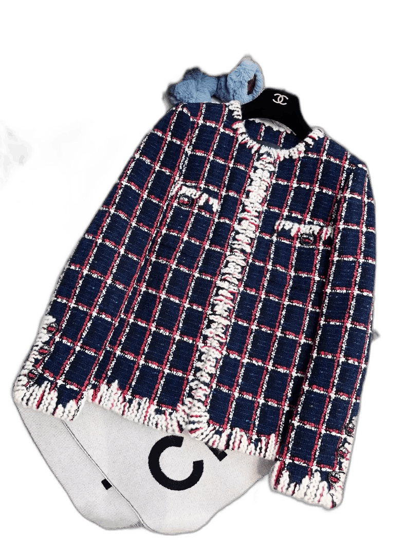 Chanel Chanel Long Sleeve Checked Coat in Navy Red Size M / US 6-8 / IT 42-44 - 1 Thumbnail