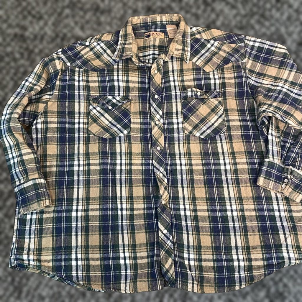 Vintage Big Mac Flannel Shirt Mens 4XLT Plaid Snap Front Western Work Shirt Heavy Beige Size US XXL / EU 58 / 5 - 1 Thumbnail