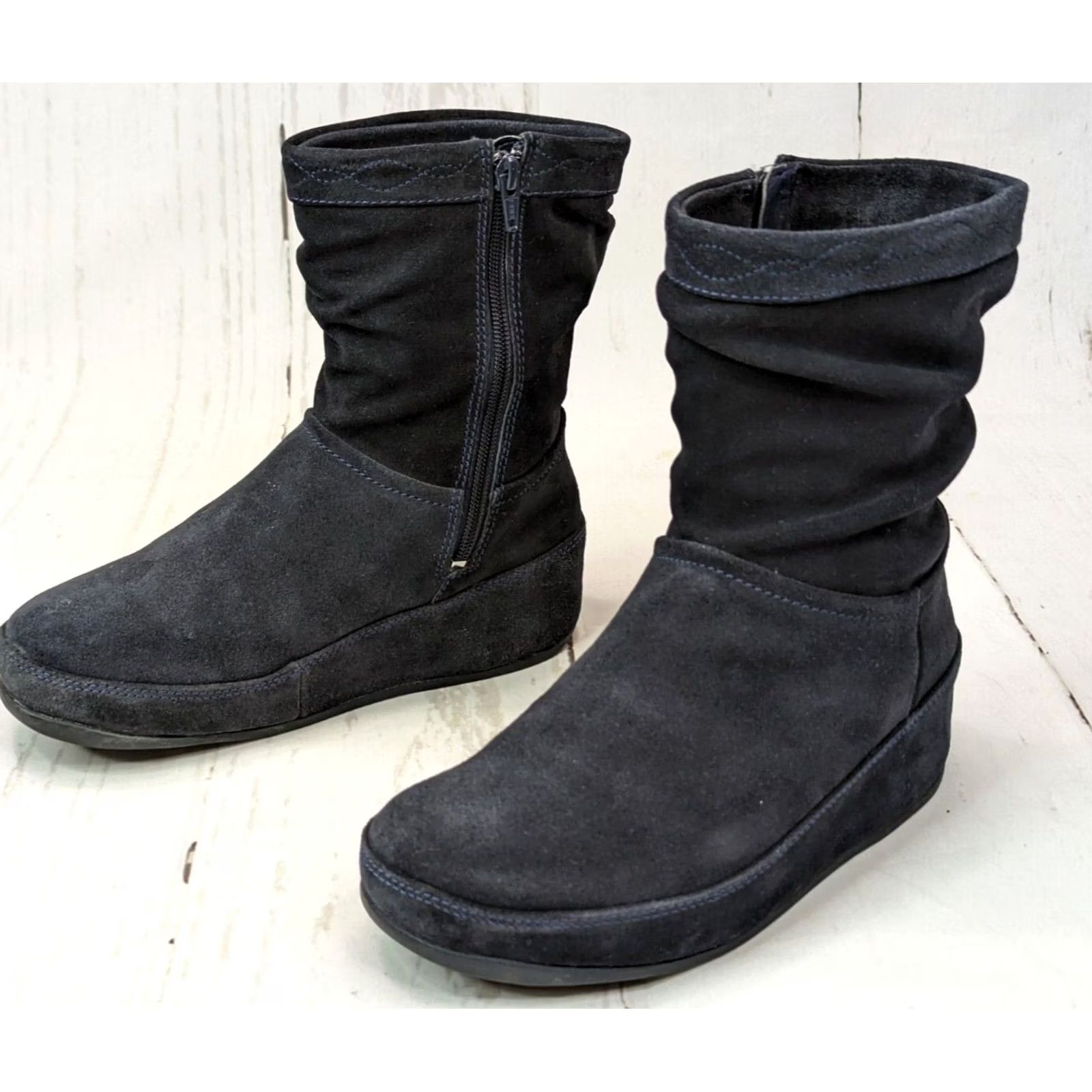 Vintage FitFlop Suede Ankle Booties Womens 7 Navy Wobble Board Zip Comfort Boot 468-097 Size US 7 / IT 37 - 4 Thumbnail