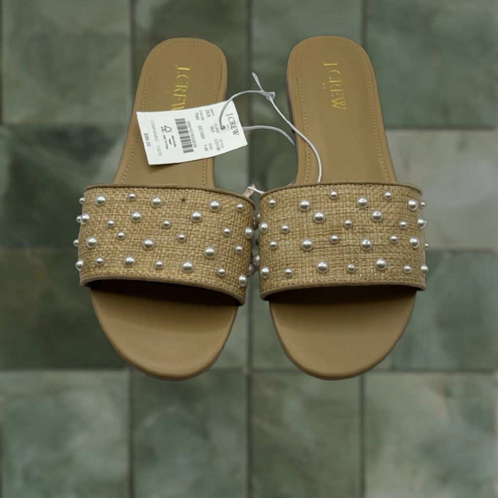 J.Crew VINTAGE J.Crew Factory Woven Pearl Slides Sandals Women Slip On Flat Natural Tan Size 7 Brown Slide Nature Theme Size US 7 / IT 37 - 1 Thumbnail