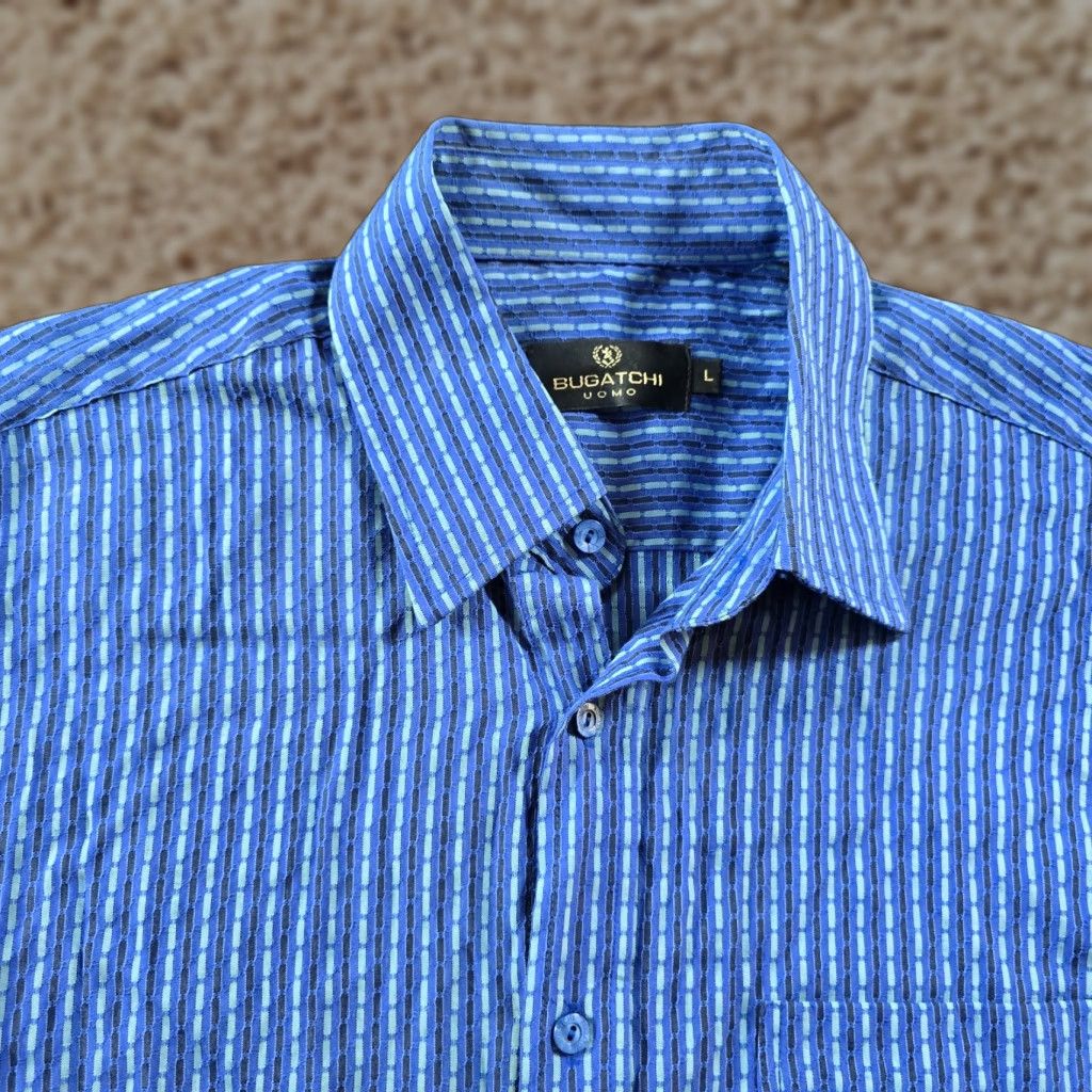 BUGATCHI VINTAGE Bugatchi Uomo Shirt Mens Large Blue Striped Textured Long Sleeve Career Casual Size US L / EU 52-54 / 3 - 1 Thumbnail