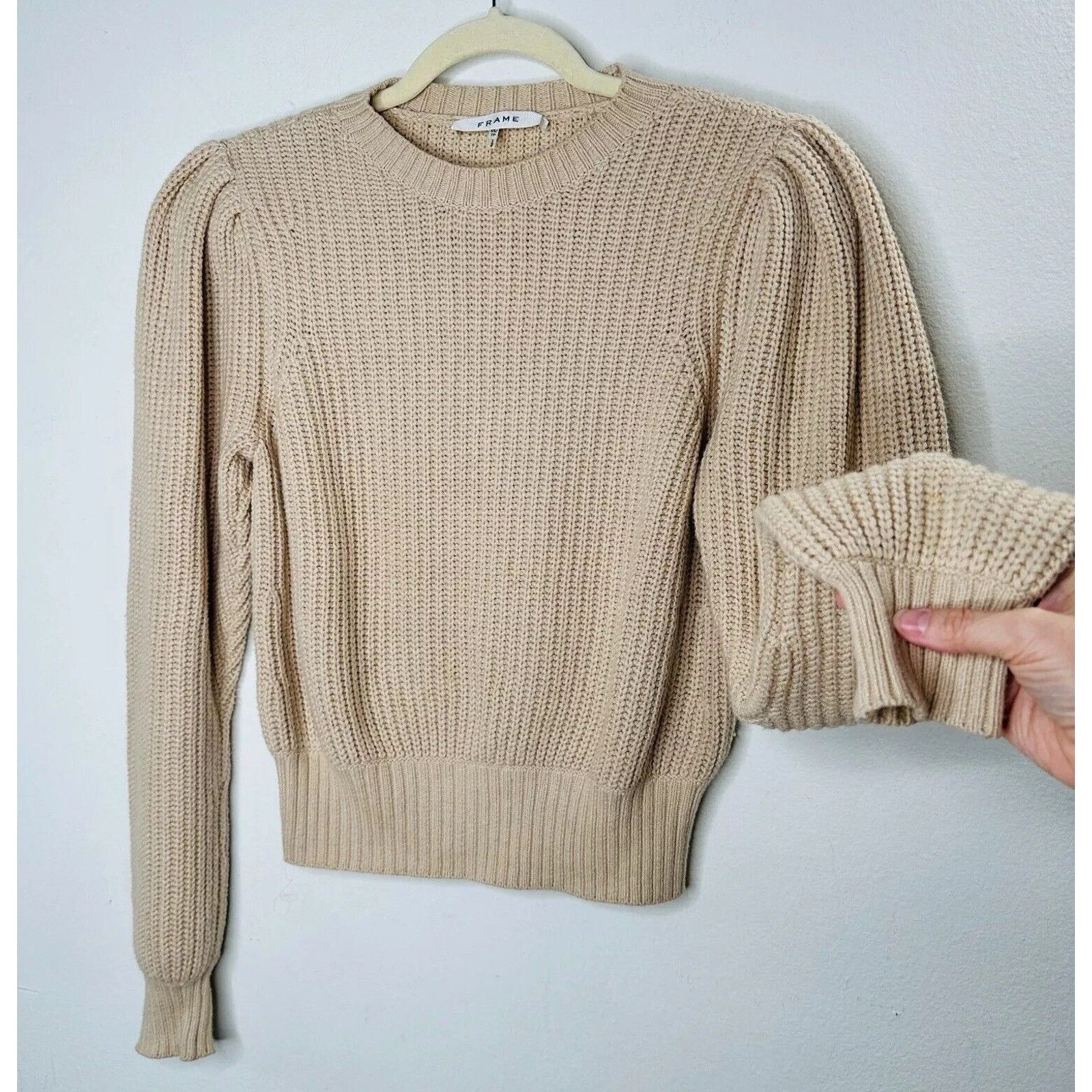 Frame Tan Ribbed Cable Crew Balloon Puff-Sleeve Crop Sweater