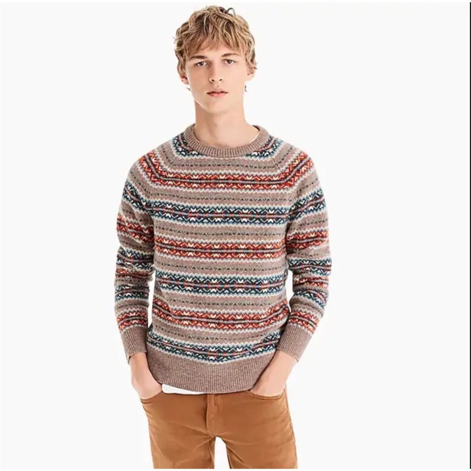 J.Crew J CREW Beige Tan Blue Fair Isle Wool Strip Crew $228 Sweater Size US S / EU 44-46 / 1 - 4 Thumbnail