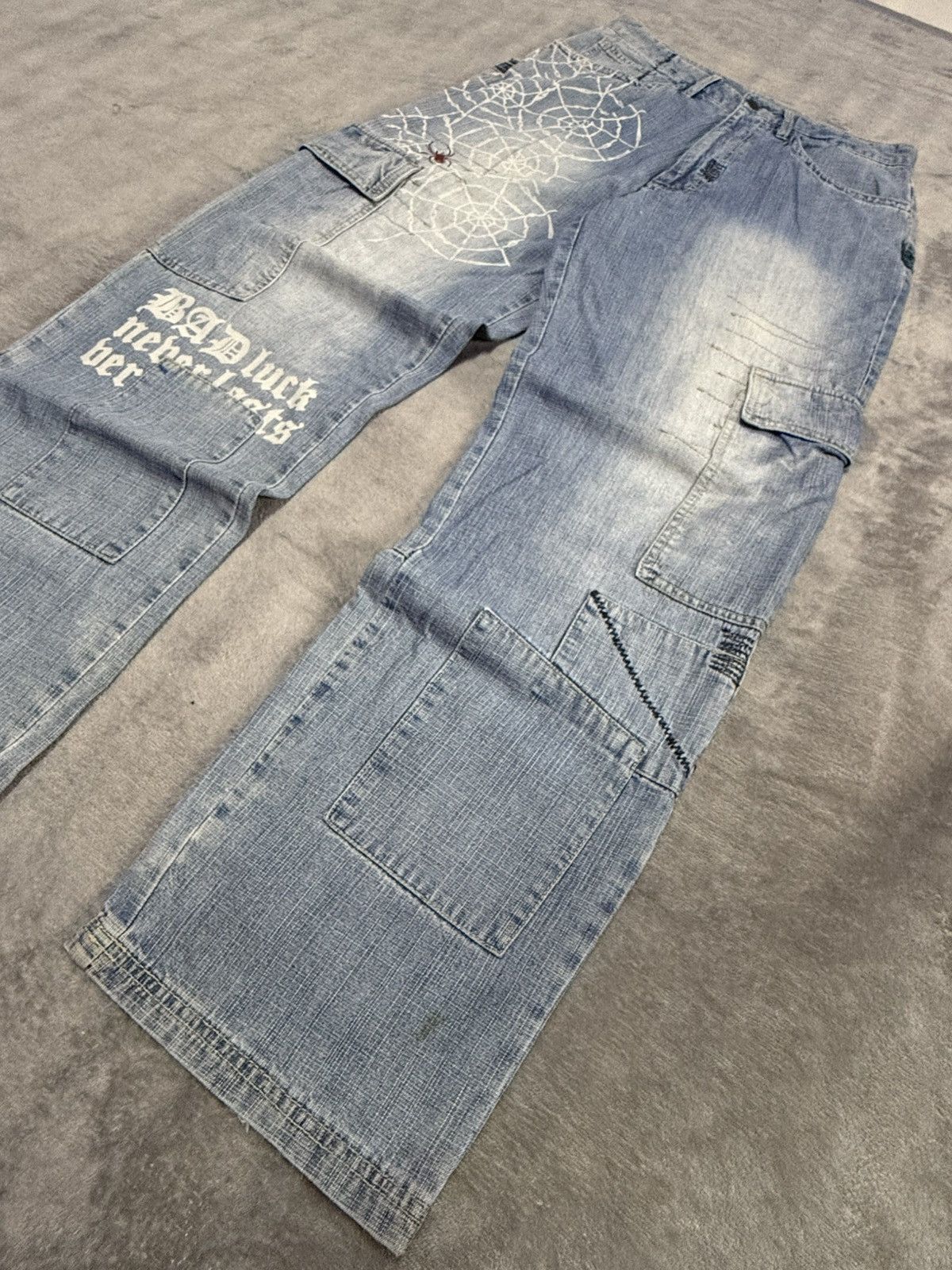 JNCO × Japanese Brand × Spyder Vintage Spider Web Poems Japanese baggy Cargo Denim Pants Size US 30 / EU 46 - 12 Thumbnail