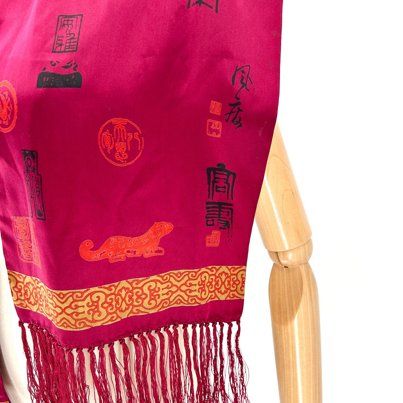 Chicos Vintage 90s Magenta Red Silk Calligraphy Fringe Scarf Size ONE SIZE - 3 Thumbnail